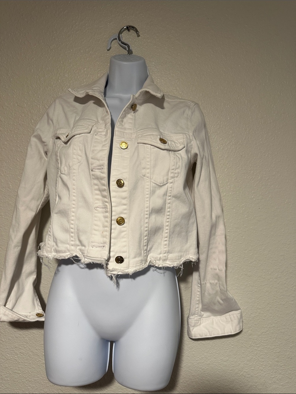 Michael Kors White Cropped Denim Jean Jacket with Gold Buttons